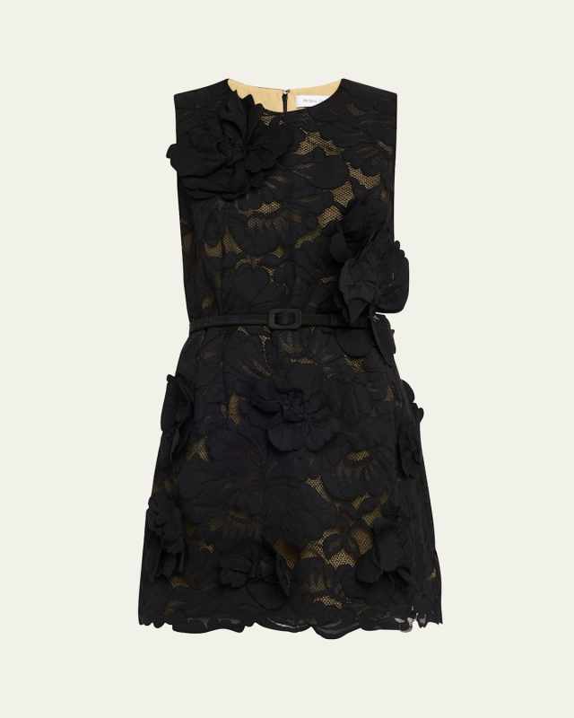 Lace Floral Applique Belted Mini Dress